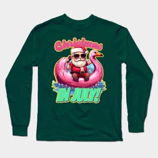 Christmas in July Santa on a Cellphone Pink Flamingo Long Sleeve T-Shirt